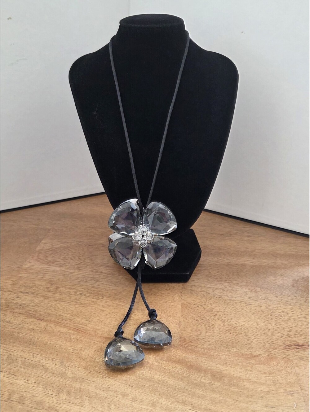 Large Crystal Flower Pendant Necklace Black Cord Statement Jewelry
